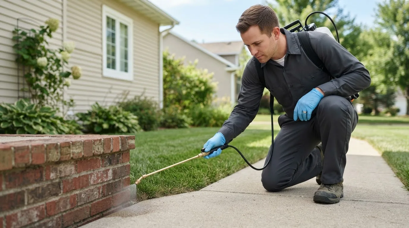 Pest control technician treating a home near Radnor, OH