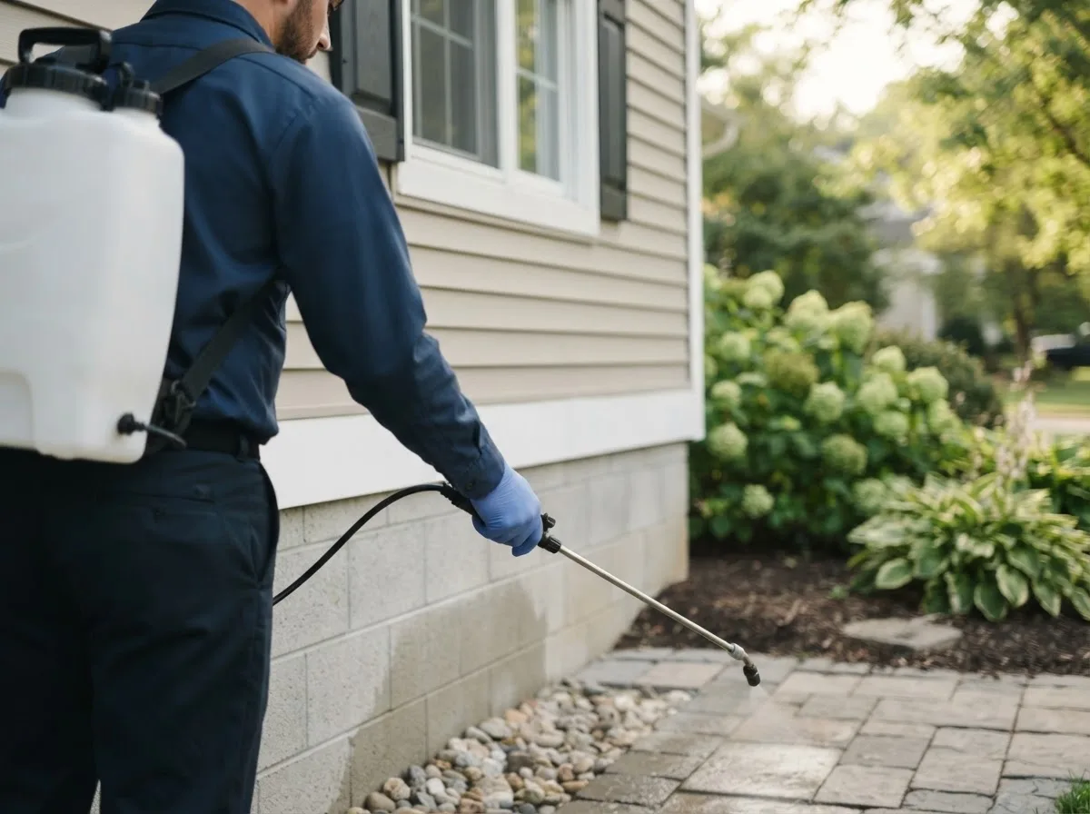 Pest control technician inspecting a home in Radnor, OH